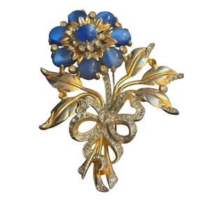 Vintage Large Blue Cabochon Flower Brooch Missing Stones